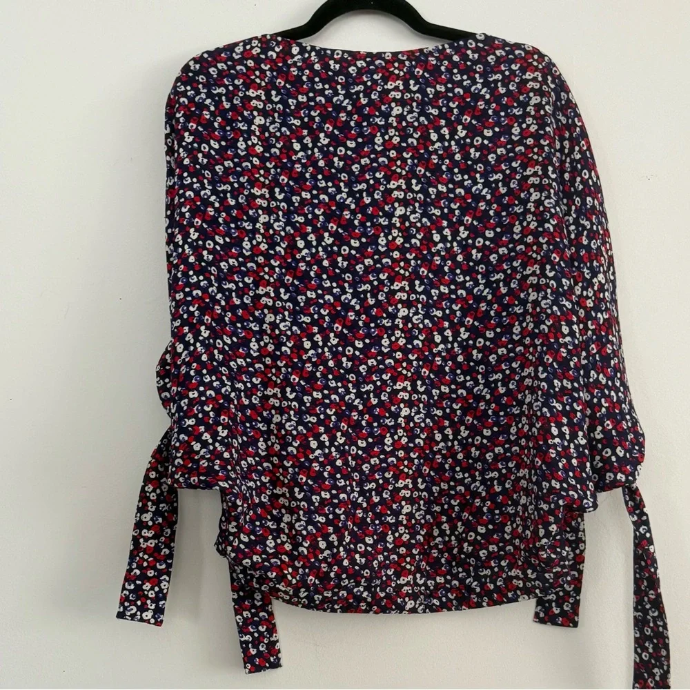 DEREK LAM Navy Blue Poppy Print Silk Jacquard Blouse - Size 4 - Picture 5 of 8